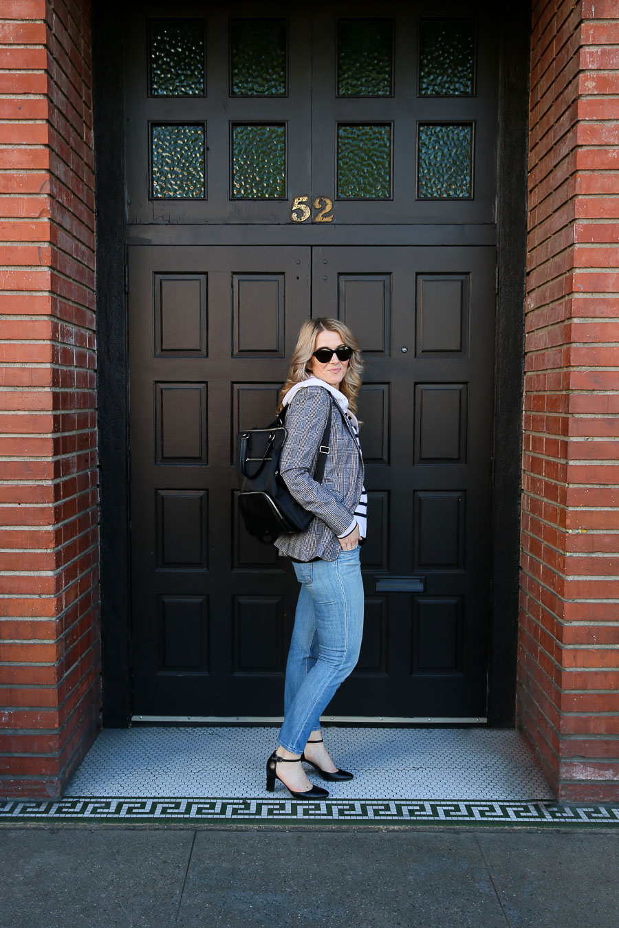 Jeans + Plaid Blazer Outfit with Black Backpack