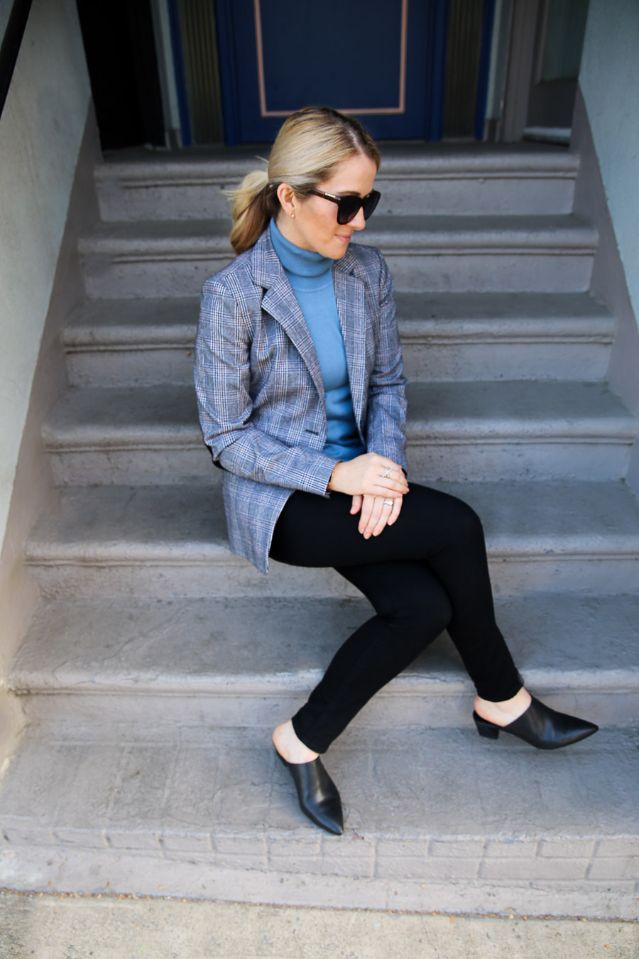 Sustainable fashion at Nordstrom Anniversary Sale - Luci in Blue turtleneck and plaid blazer with black pants