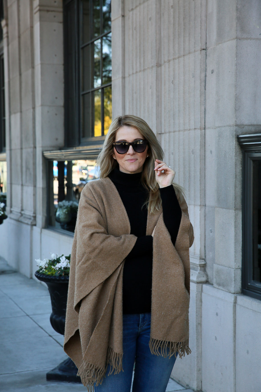 Layered Winter Outfit for Women with Shawl, Turtleneck, and Jeans