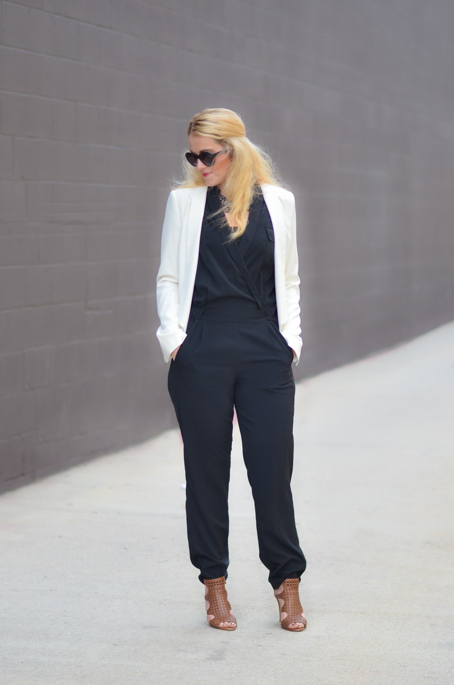 Jumpsuit outfit with blazer hotsell
