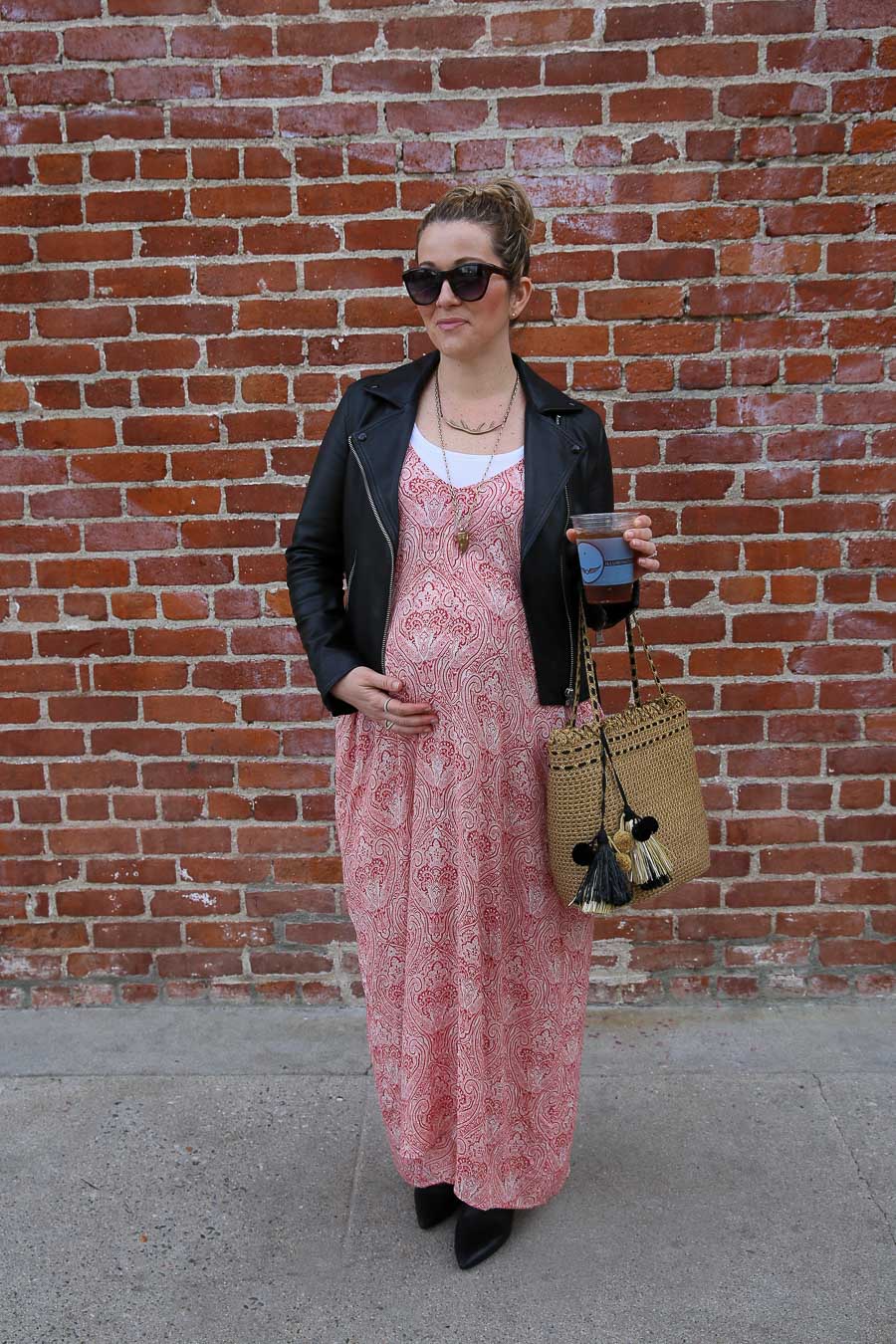 Cute Pregnancy Outfit - Maxi Dress and Leather Jacket