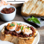 Grilled Shrimp Toast. This easy summer recipe can be made with fresh or cooked shrimp on your indoor grill or out on the bbq! Extra flavor comes from the sun dried tomato spread! #dinner #bbq #shrimp #bread #grilled #recipes