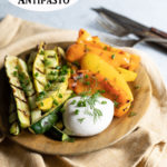 Vegetable Antipasto Recipe with Burrata Appetizer. A delicious summer appetizer or side dish. Grilled vegetables on the bbq or on your indoor grill for delicious veggies. Add burrata cheese for serving. #summer #entertaining #appetizer #sidedish #vegetarian