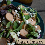 Chicken Sausage Salad Recipe. Enjoy this delicious fall salad recipe with sliced apples and maple syrup salad dressing. Made with rotisserie chicken sausage, this quick and delicious weeknight dinner recipe will be a favorite recipe in no time! #sponsored