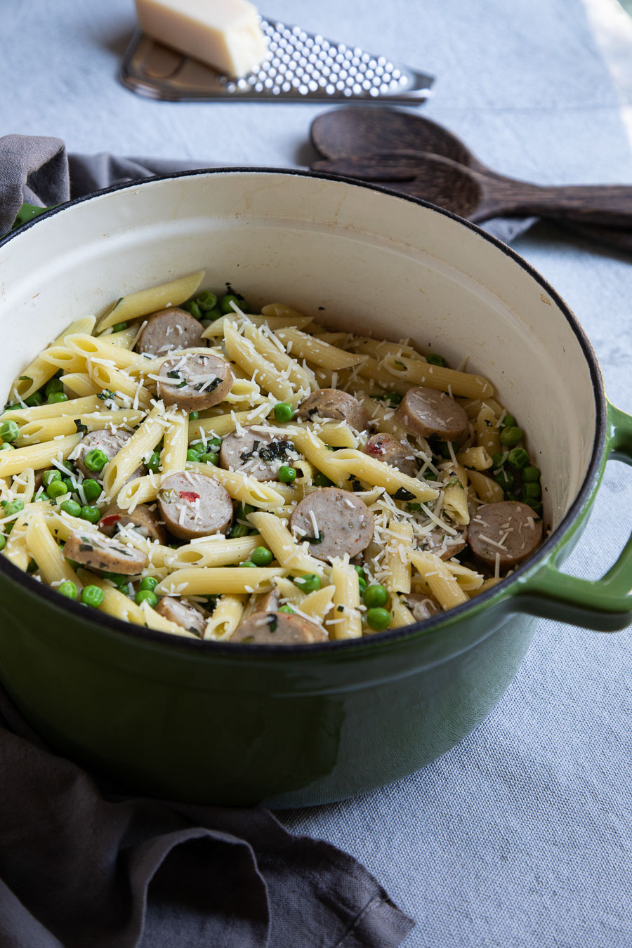 Pea Pasta with Chicken Sausage