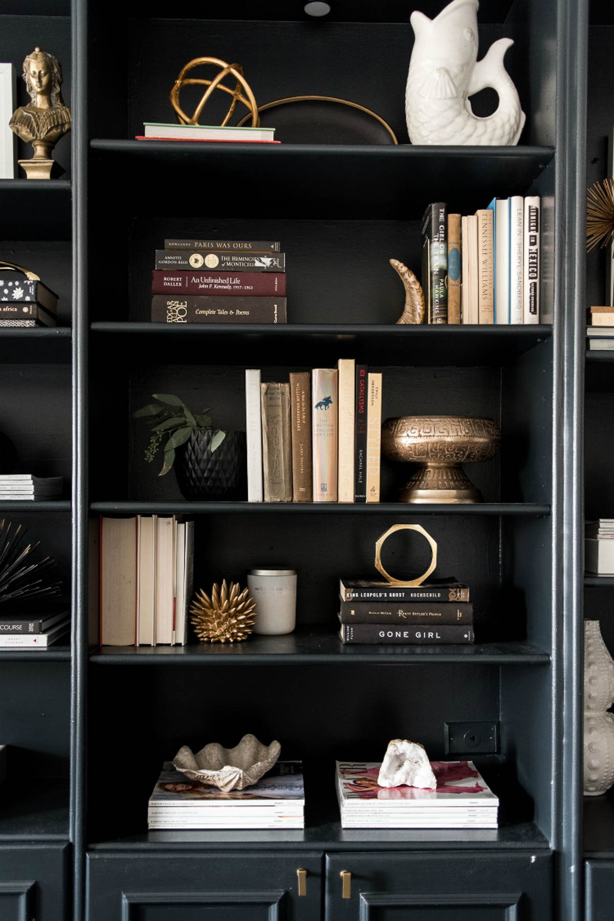 How to Style a Black Bookshelf - gold accent decor