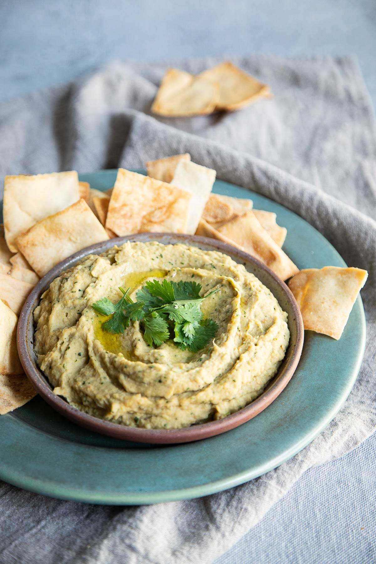 Roasted Eggplant Dip recipe  w. Chickpeas on turquoise plate