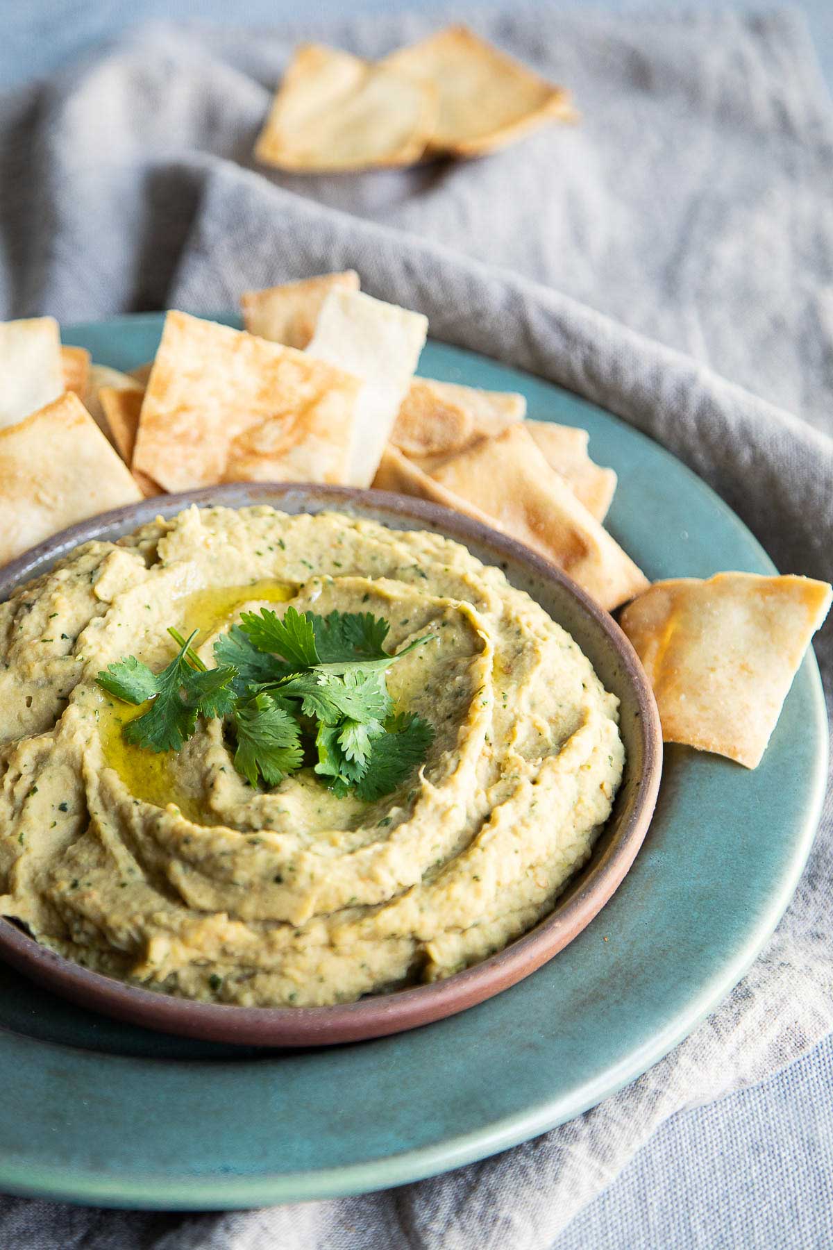 Roasted Eggplant Dip Recipe w. Chickpeas on plate with pita chips