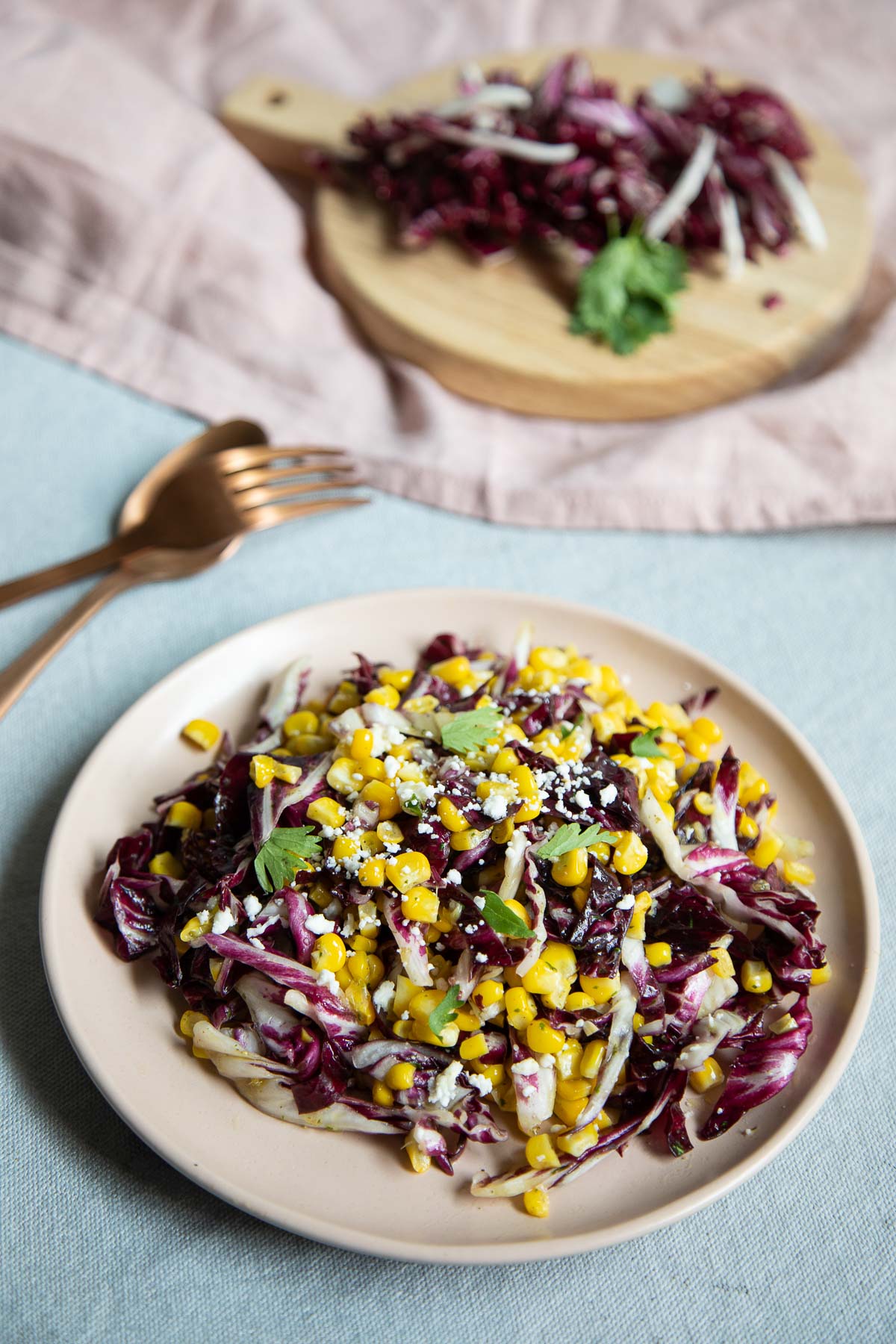 Simple Radicchio Salad w. Fresh Corn on Small Pale Pink Plate