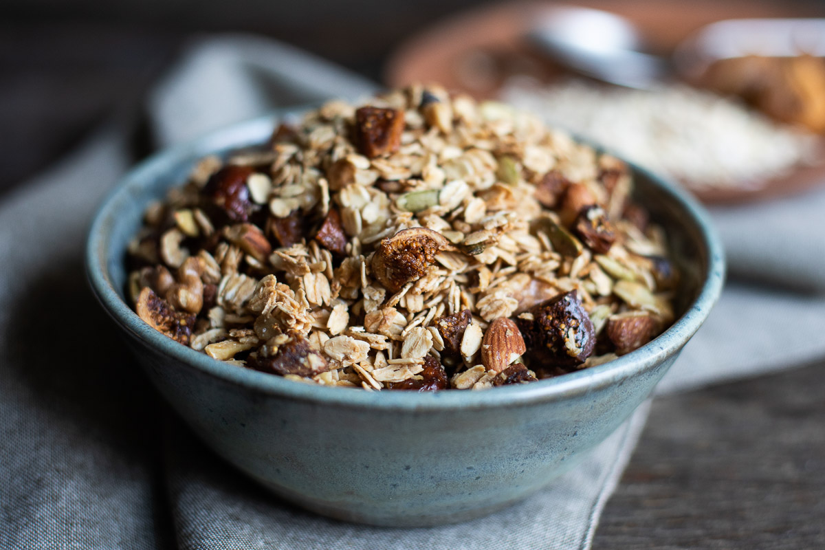 Dried Fig Granola in Blue Bowl