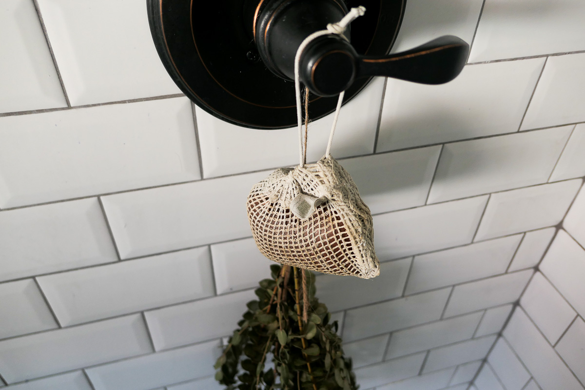 Clean Beauty Body Tools - Sisal Soap Bag Hanging From Shower Knob with Eucalyptus Shower Bundle
