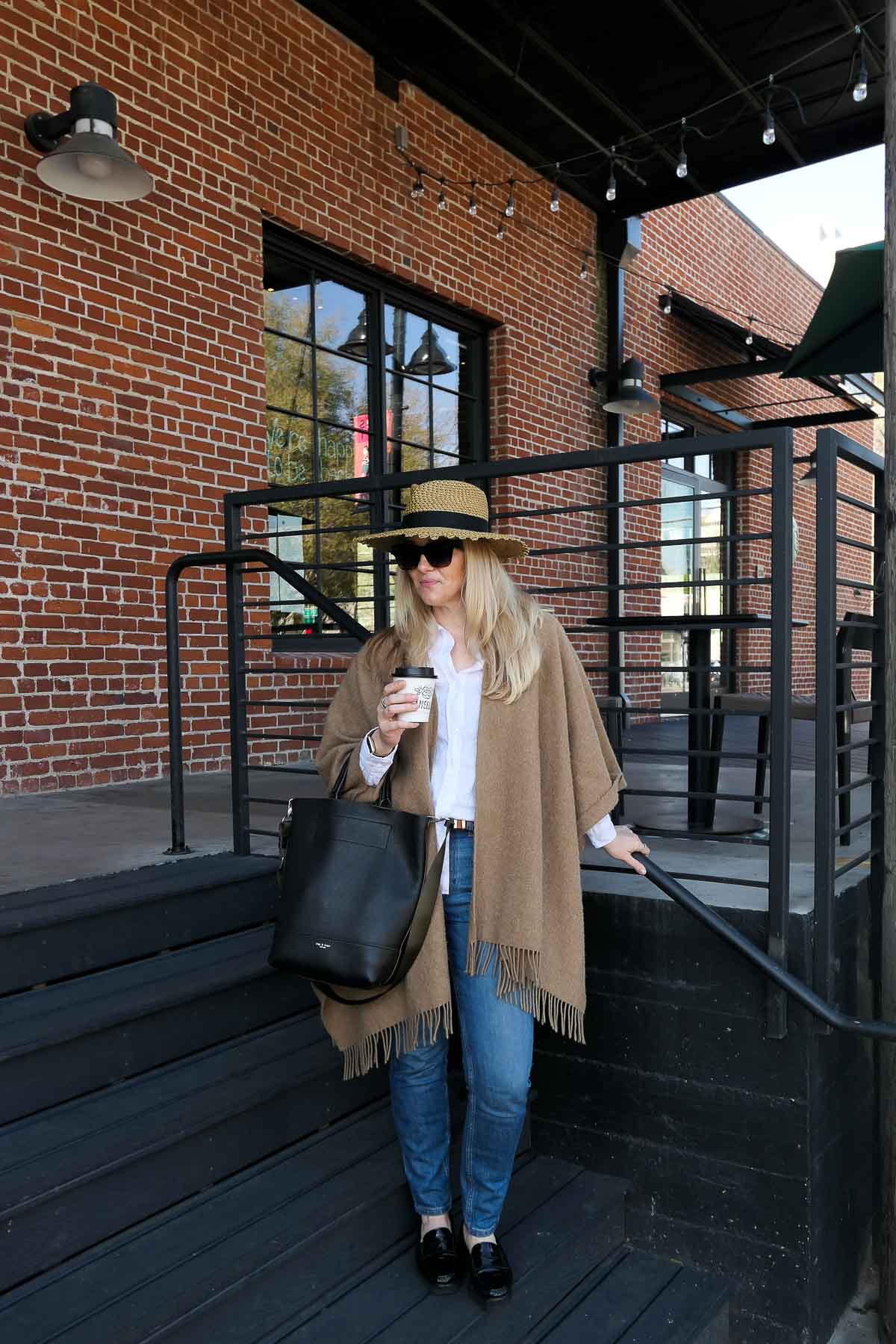 Investing in Quality Clothes - Jeans, Tan Poncho, Straw Hat Outfit for Late Winter