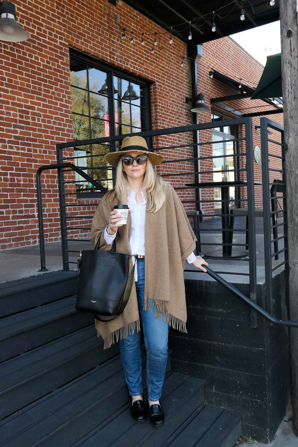 Investing in Quality Clothes - Jeans, Tan Poncho, Straw Hat Outfit for Late Winter