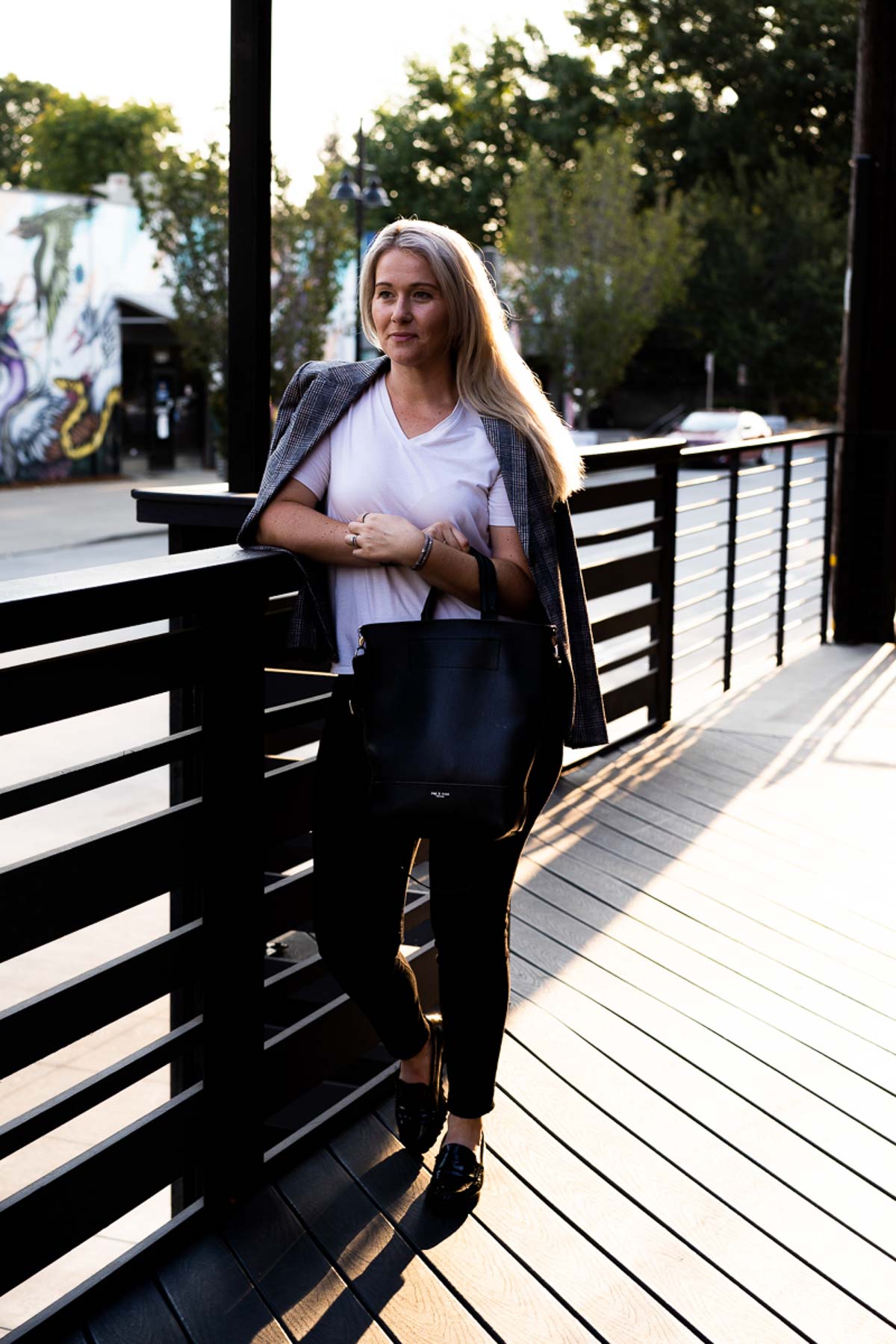 Standing in Sunset - White Tee + Plaid Blazer