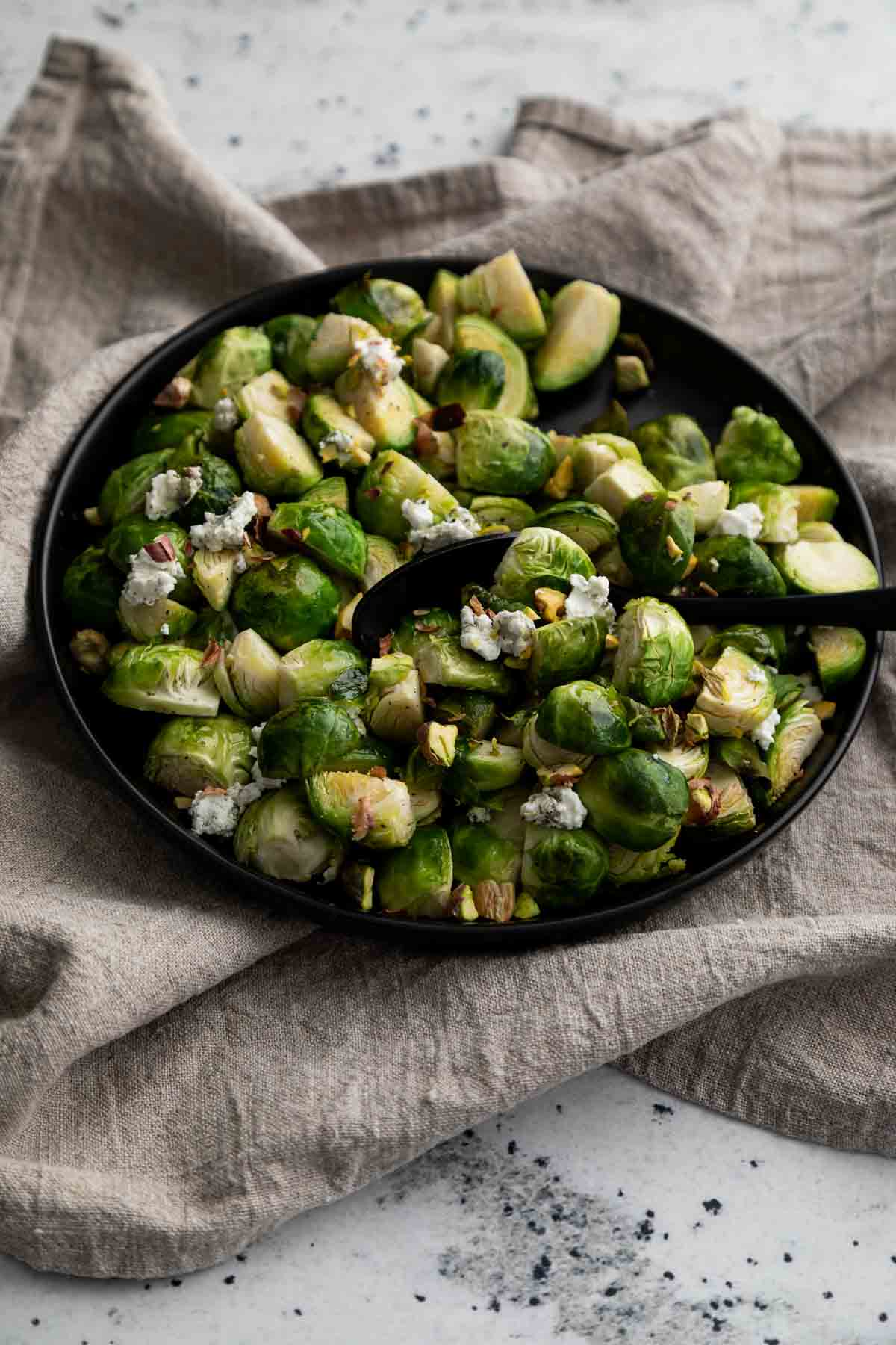 Roasted Brussels sprouts served as a vegetable side dish