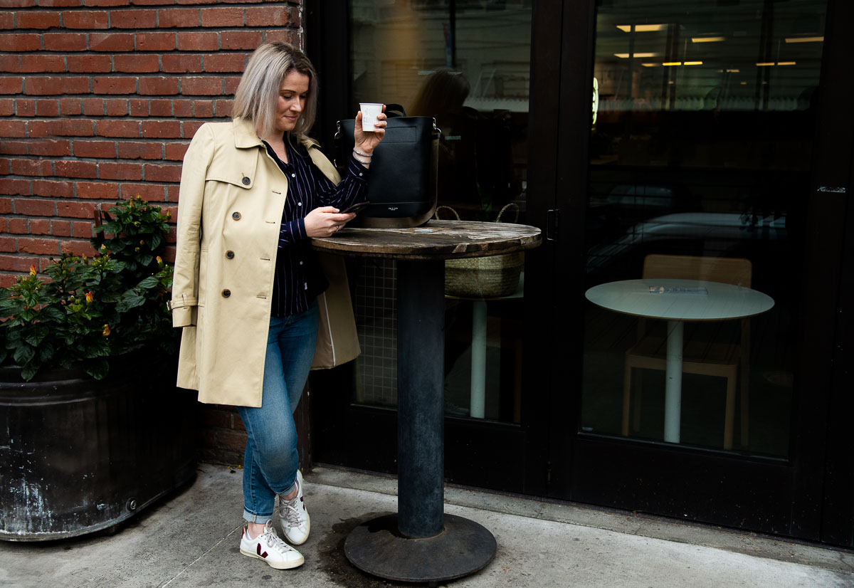 Coffee Date Outfit - Blue Shirt + Trench Coat