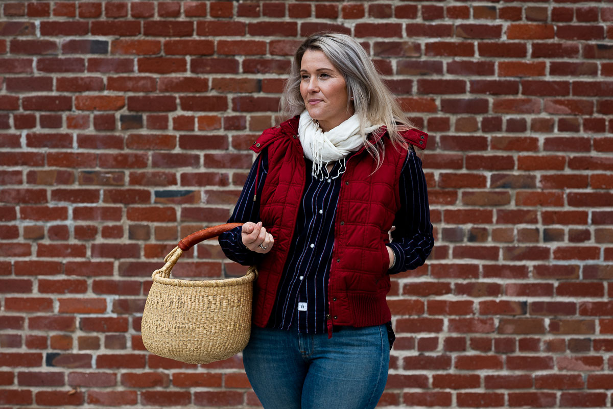 Winter Farmers Market Outfit Ideas - Blue Shirt and Vest