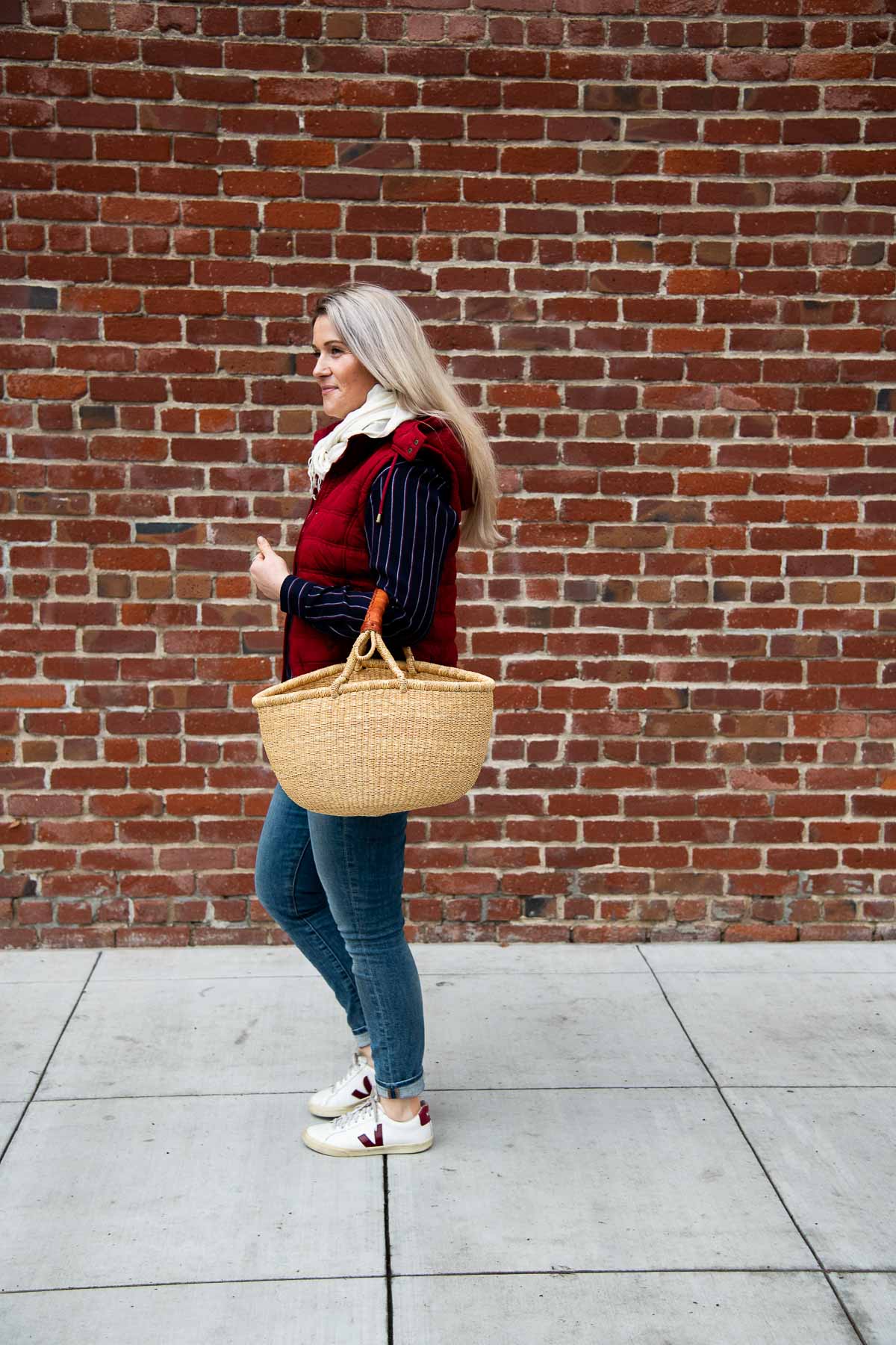 Winter Farmers Market Outfit Ideas - Blue Shirt and Vest