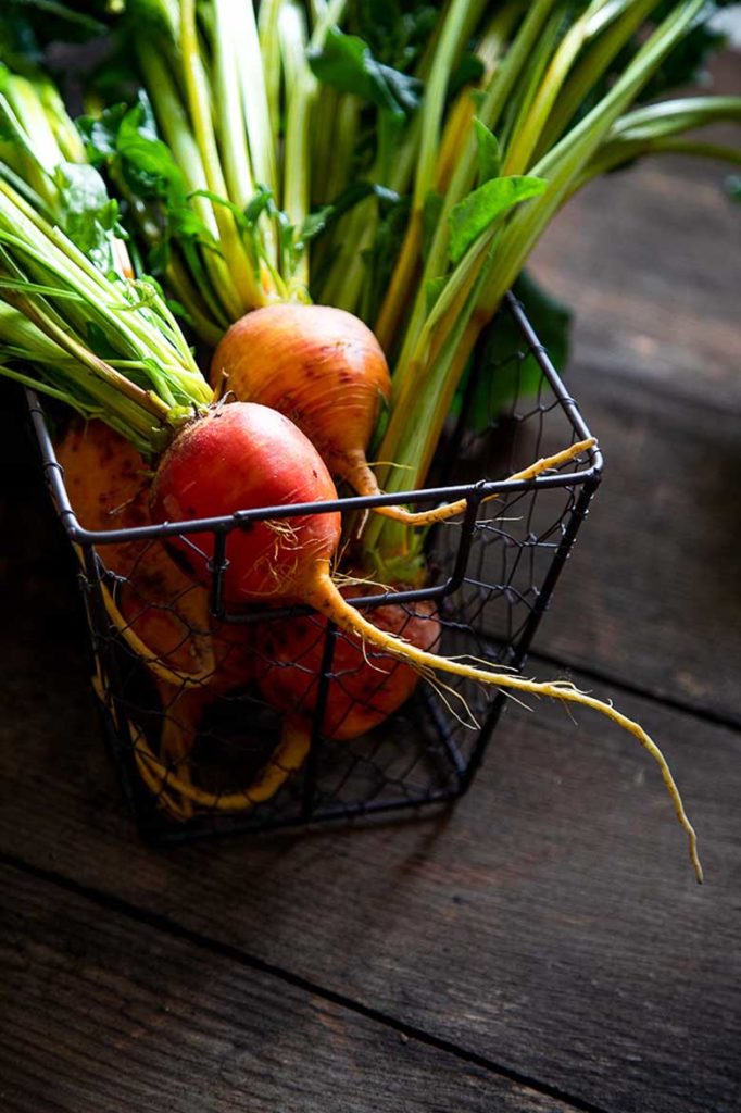 golden beets in wire basket - - fall and winter appetizers