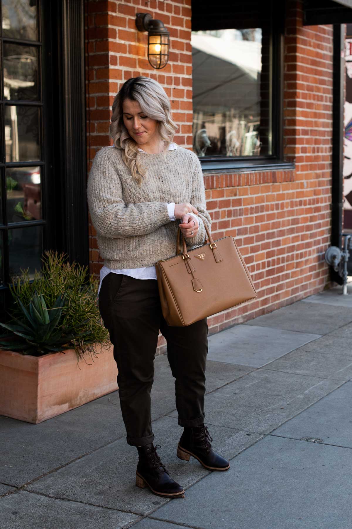 Linen in Winter Outfit - White LInen Button down under cashmere sweater, chinos, Prada tote, and Timberland boots