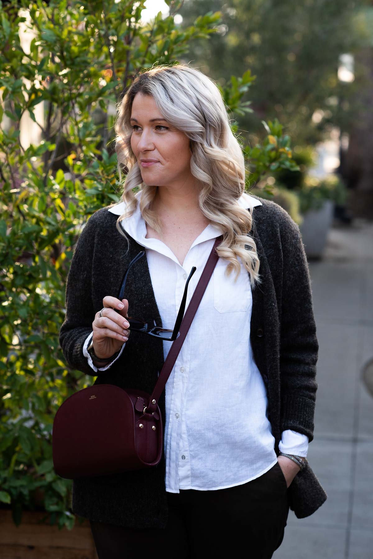 White Linen Shirt & Wool Cardigan for Winter Layering