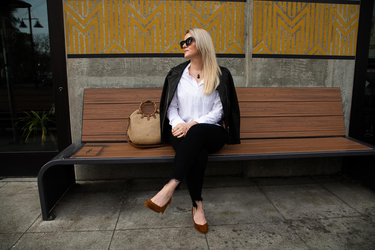 Date Night Outfit - Brown Sustainabel heels, black jeans, white button down outfit