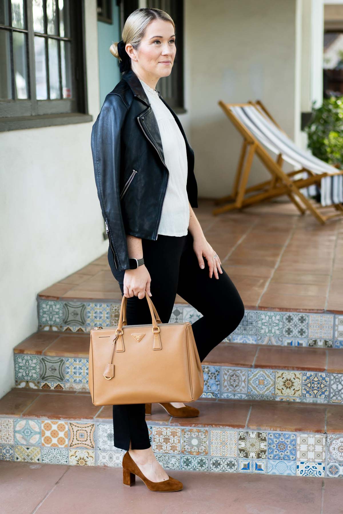 Leather Jacket Work Outfit with Black trousers and Suede Pumps