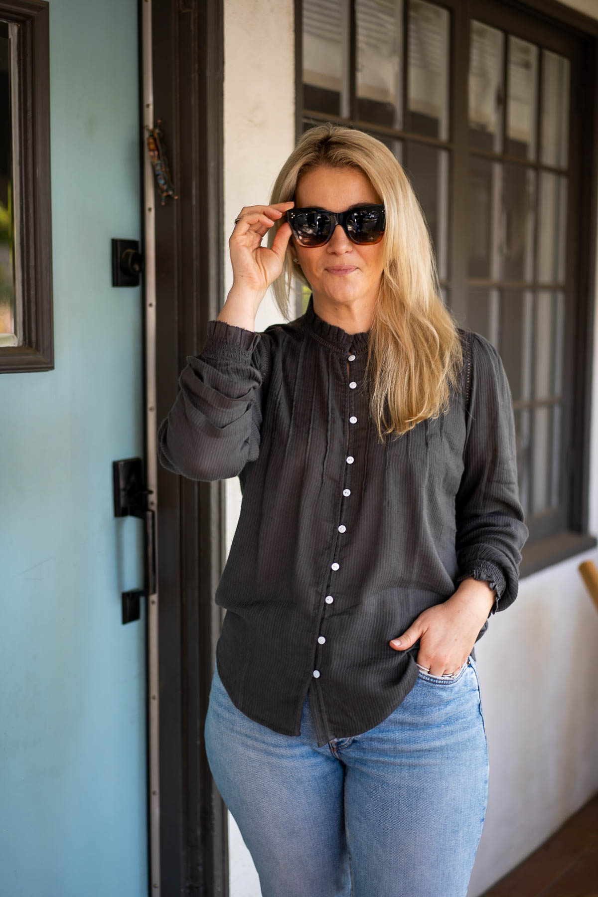 organic cotton clothing - button down top with feminine details in dark grey