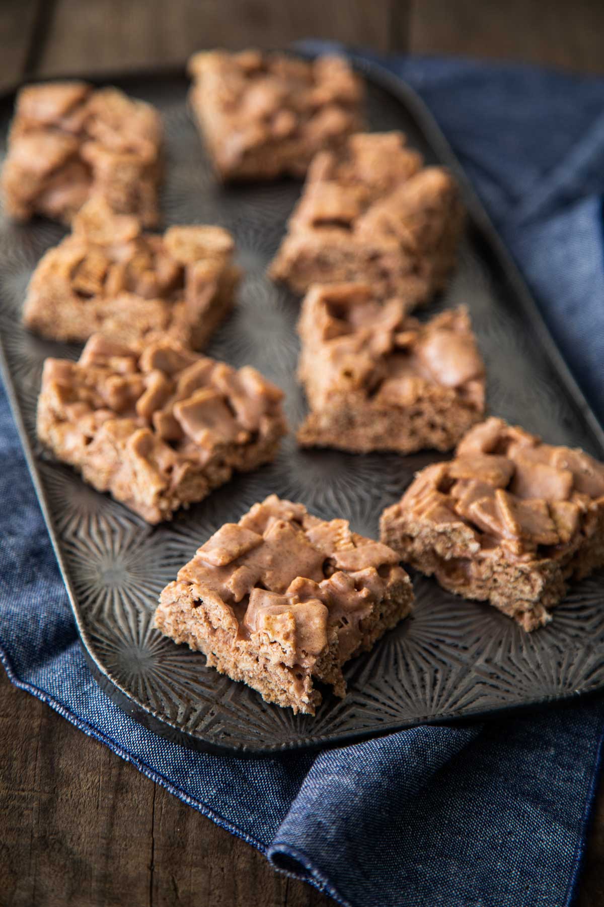 Chocolate Cinnamon Toast Crunch Bars cut up on platter