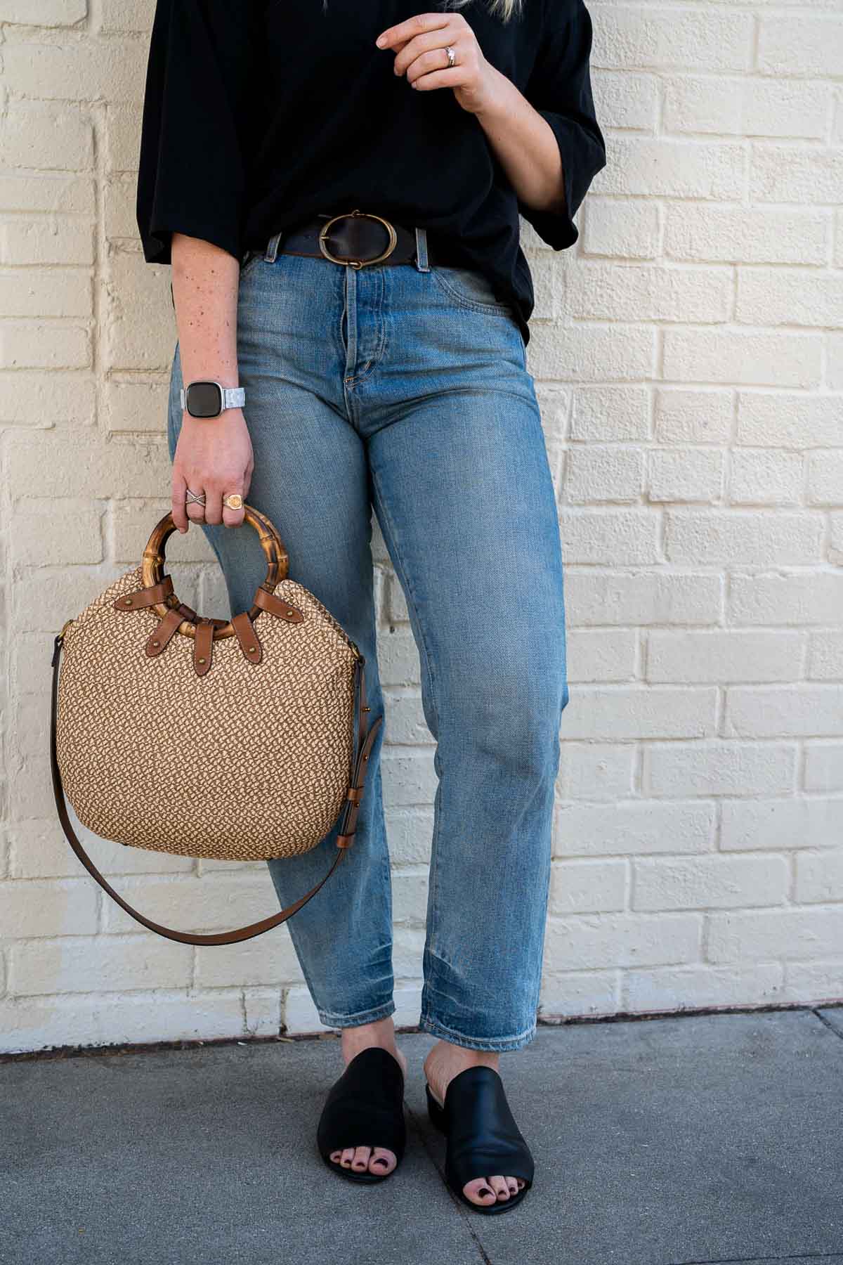 Eric Javits Purse, Blue Jeans, and Black Sandals