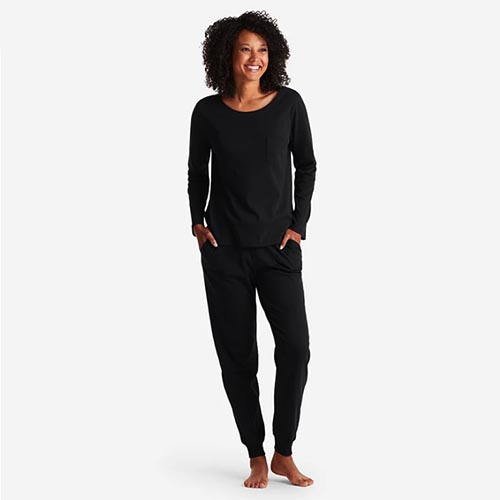 Long sleeve top and jogger pant style pajama set for women.