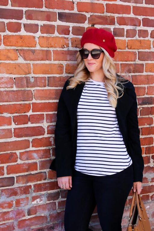 Red Beret Outfit with Striped Shirt