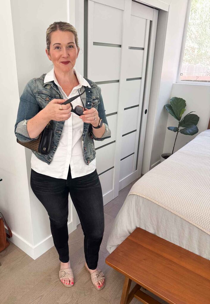 Black Jeans with Blue Jean Jacket Outfit