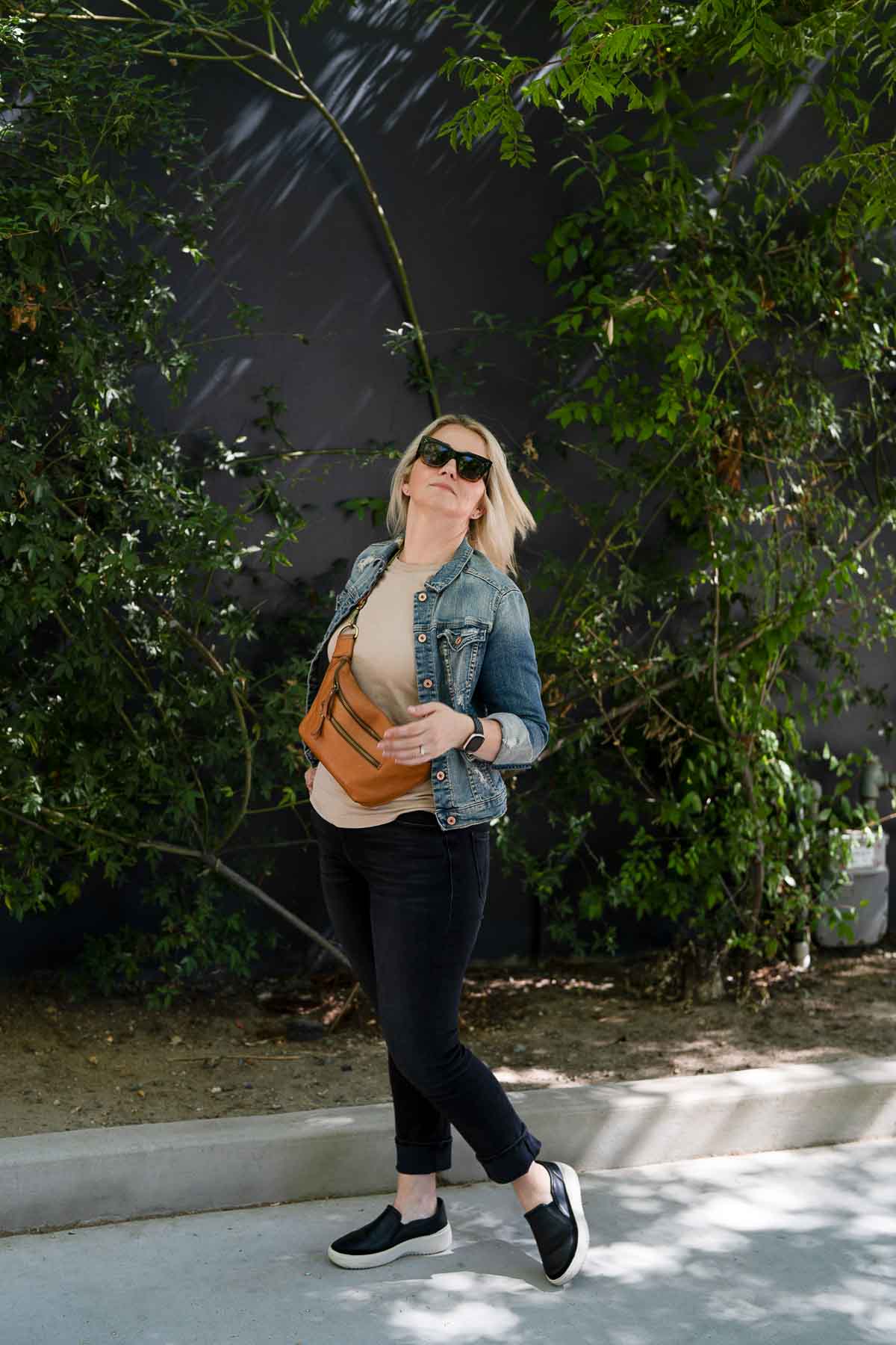 Black Jeans with Blue Jean Jacket Outfit