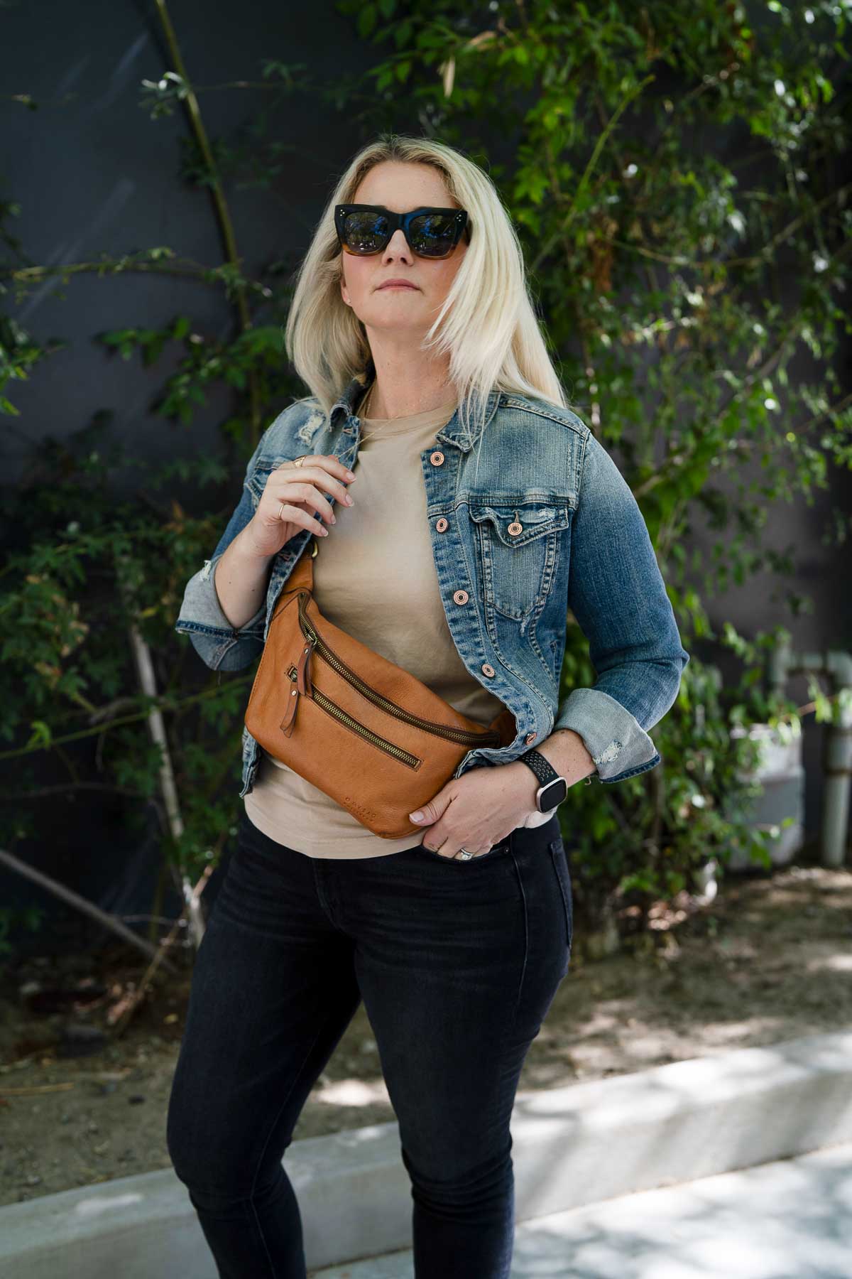 Black Jeans with Blue Jean Jacket Outfit