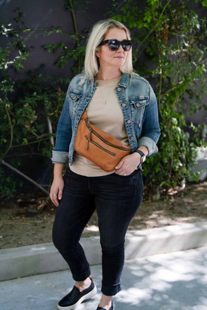 Black Jeans with Blue Jean Jacket Outfit