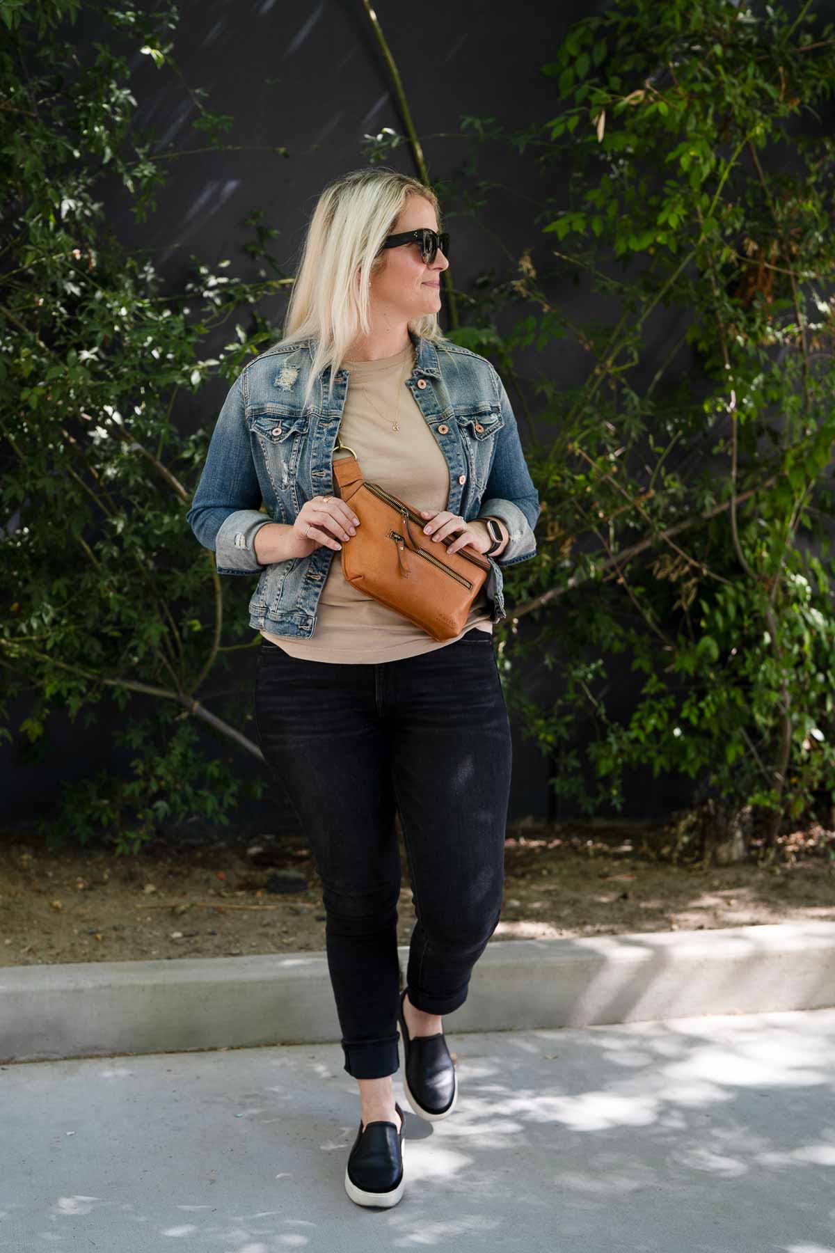 Black Jeans with Blue Jean Jacket Outfit