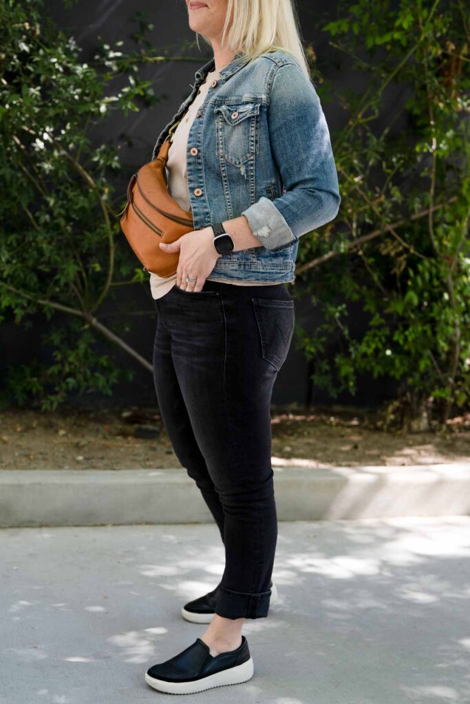 Black Jeans with Blue Jean Jacket Outfit