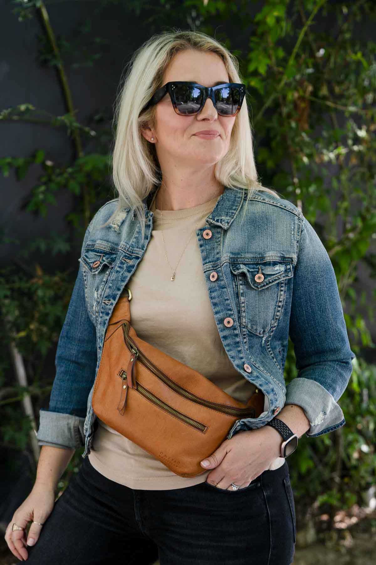 Black Jeans with Blue Jean Jacket Outfit