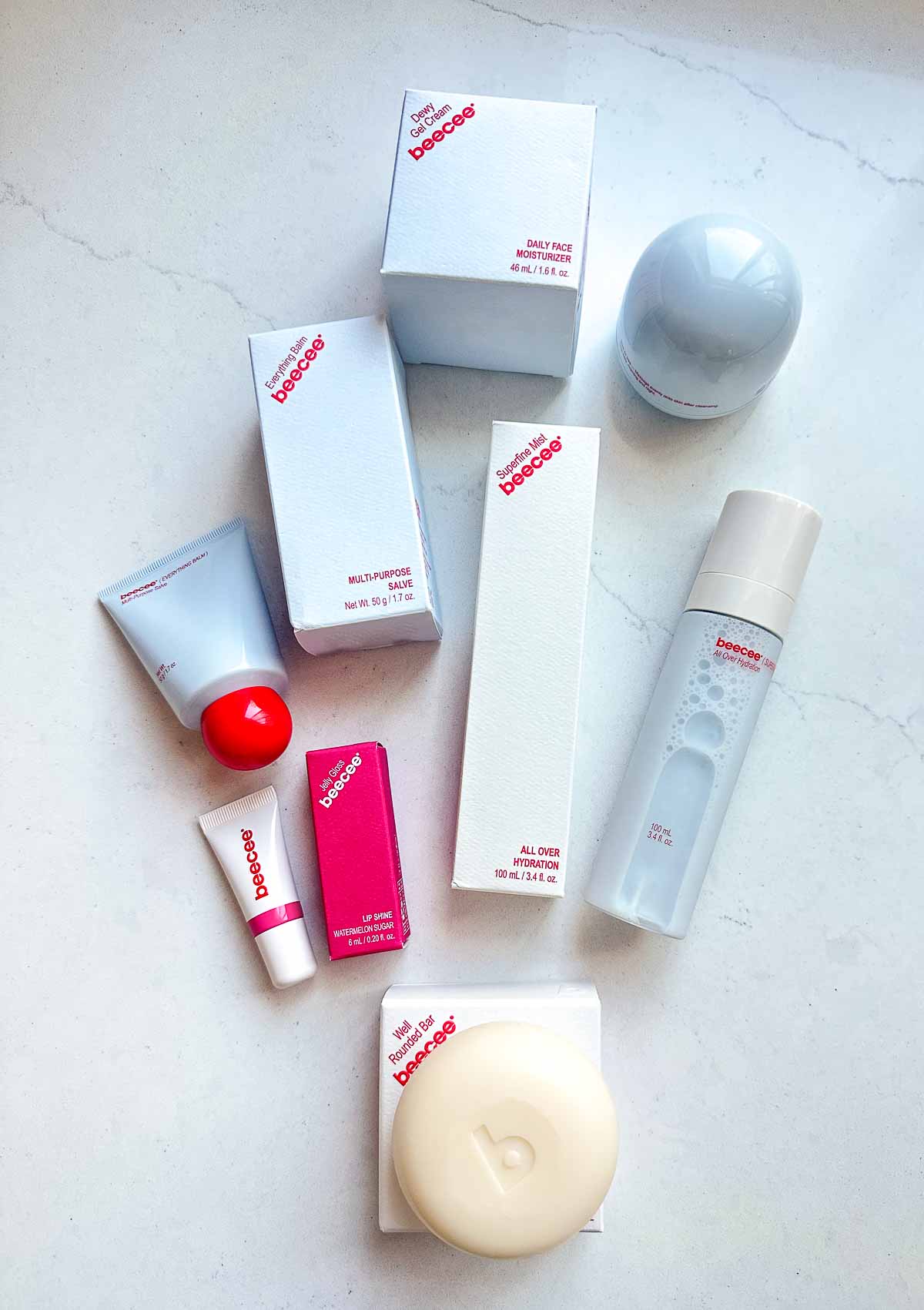 beecee review - all skincare products on counter with boxes