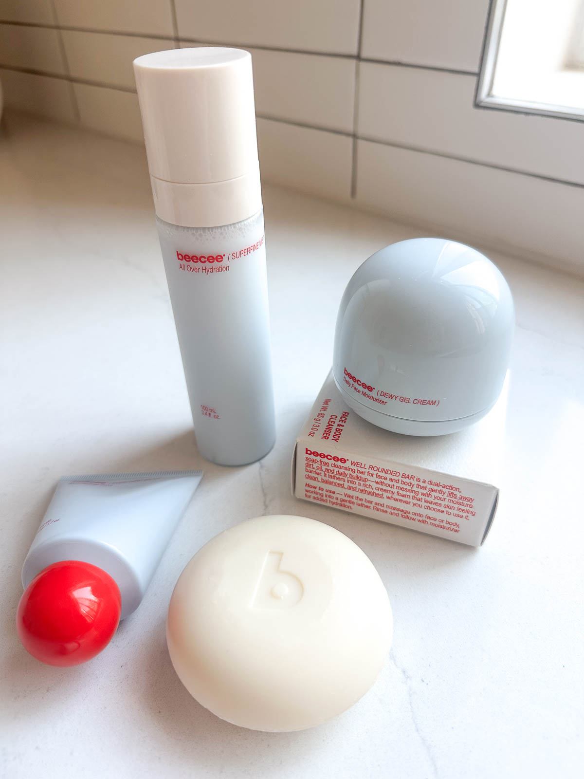 beecee review - all skincare products on counter